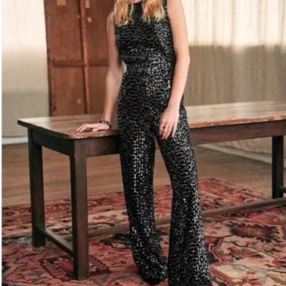 Sézane Vani Black Sequin Jumpsuit UK 38